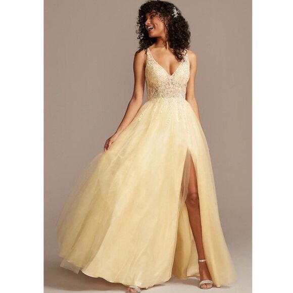 Blondie Nites Yellow Bodice Tulle Ball Gown with Lace - Picture 1 of 10